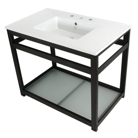 Kingston Brass 37Inch Ceramic Console Sink 8Inch, 3Hole, WhiteMatte Black VWP3722W8B0
